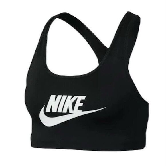 Nike Pro Sport Bra Women's Medium Support Classic Swoosh Training Top Black Logo - Picture 1 of 8